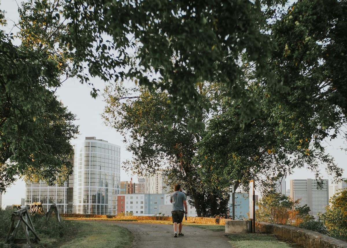A man walks through Fort Negley park