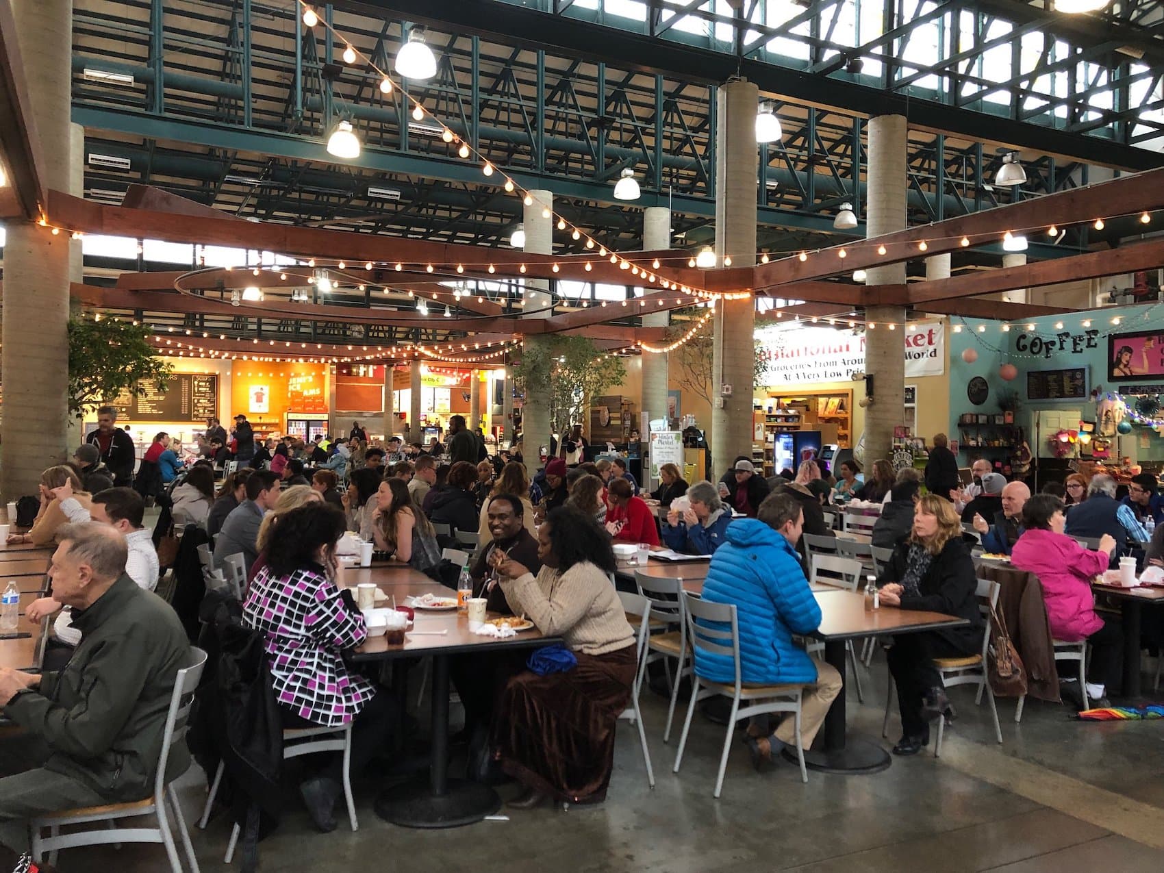 People eating at a Farmer's Market