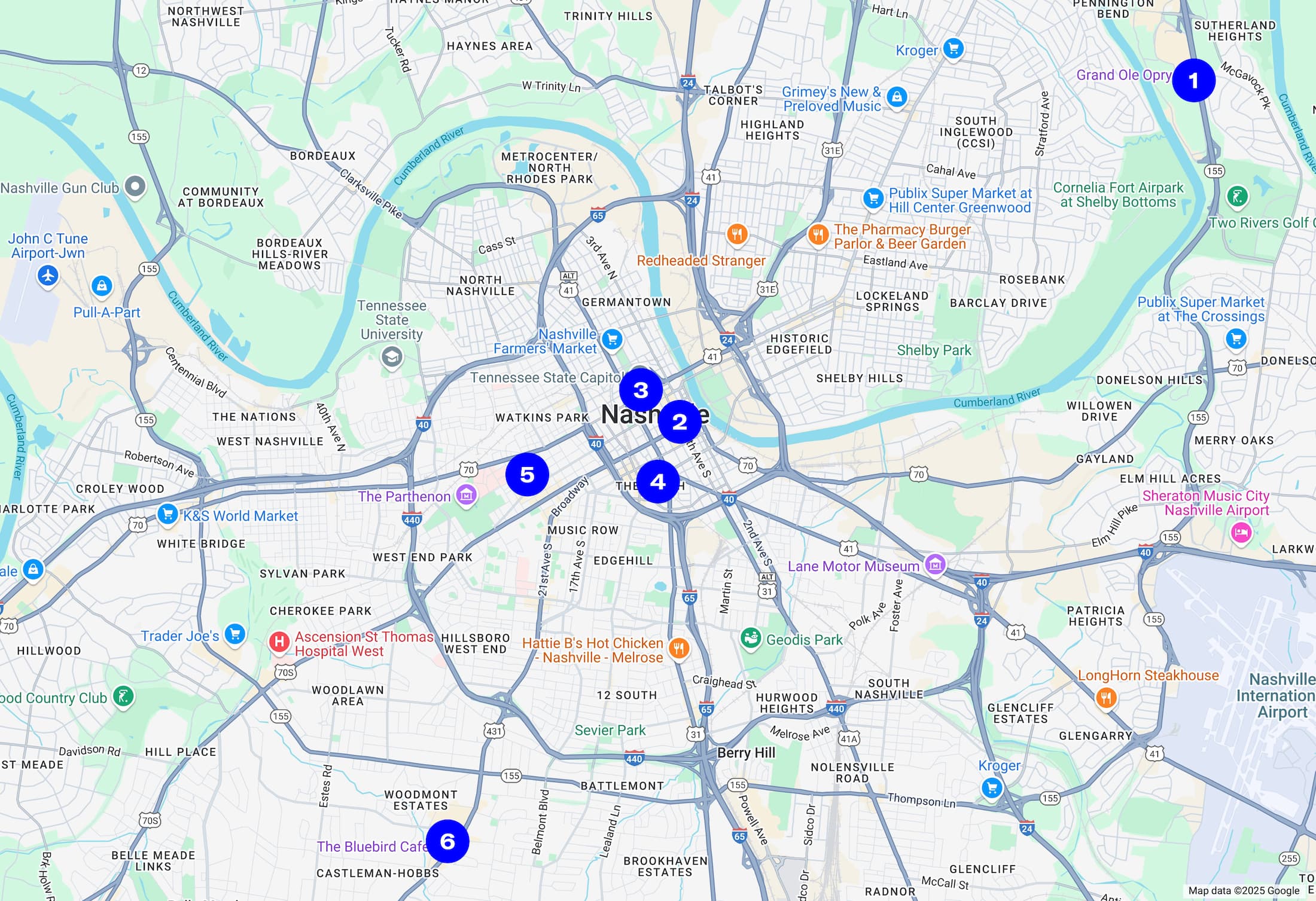 A numbered map of Nashville's most famous music venues