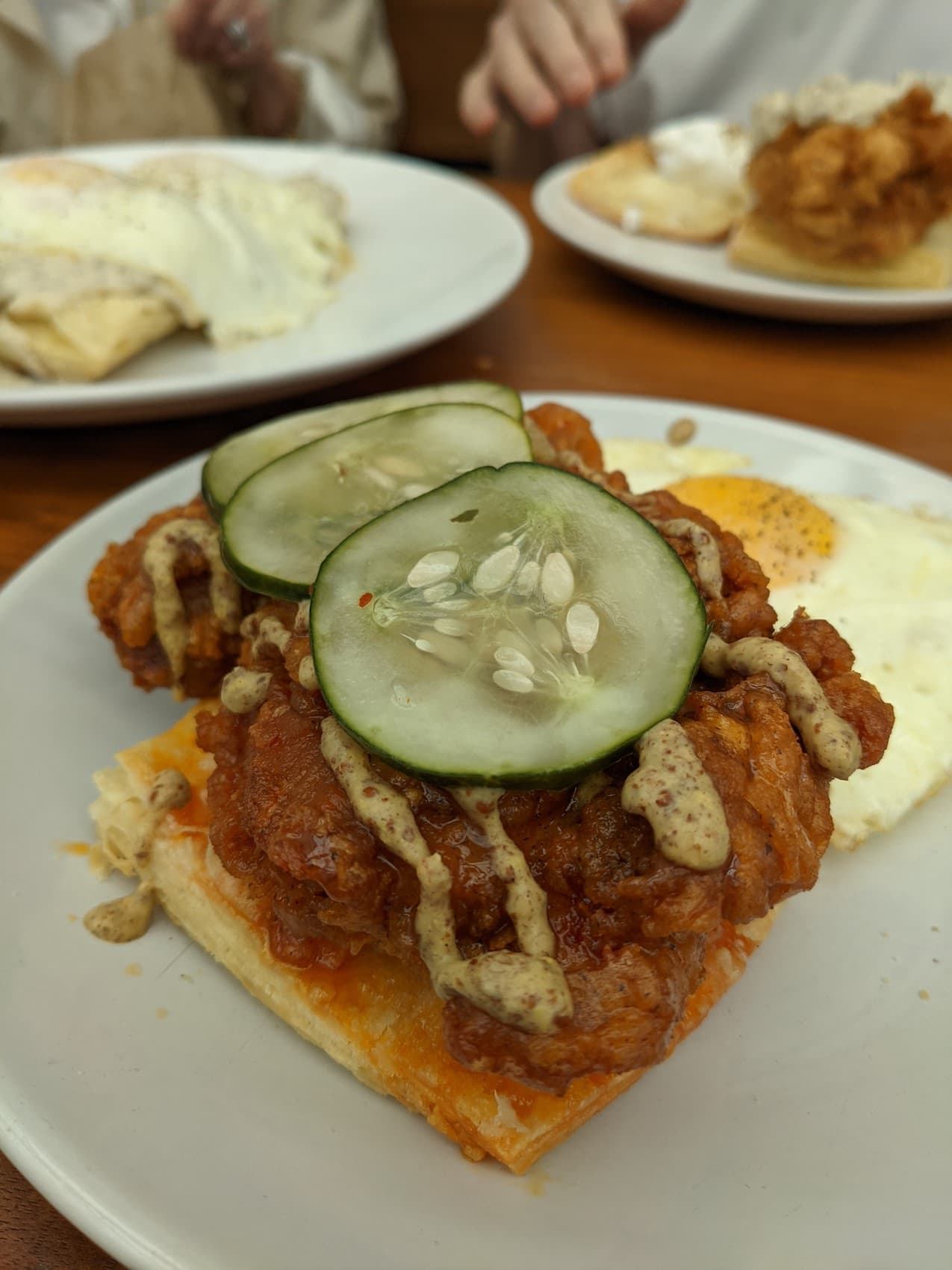 Close up of a hot chicken biscuit