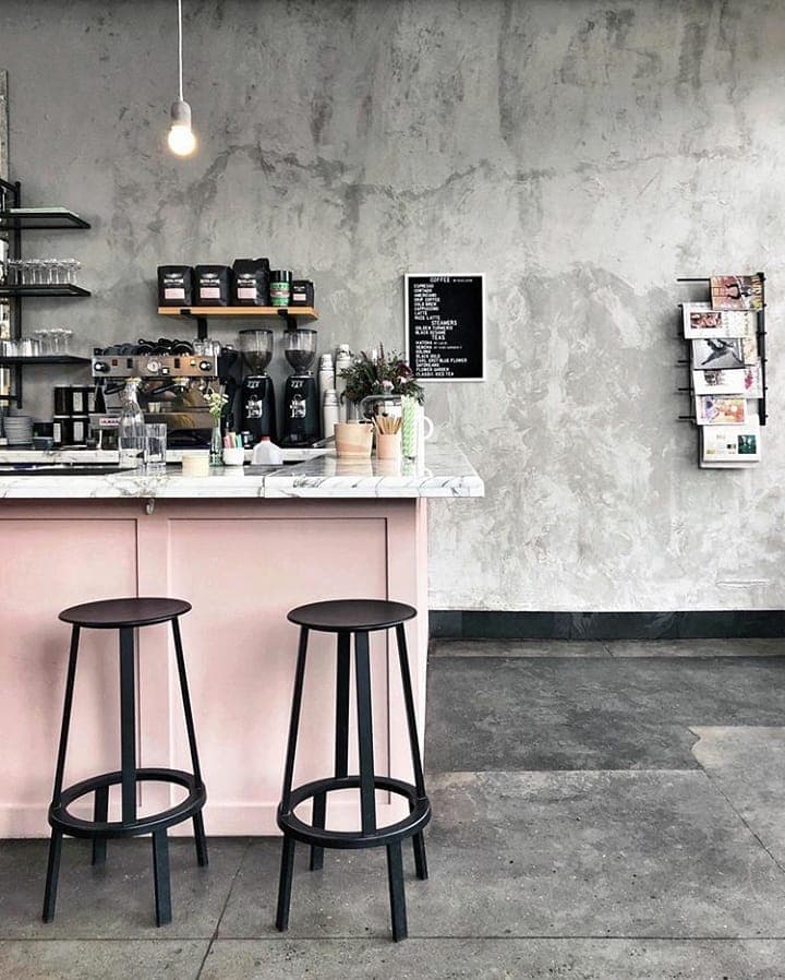 Cafe Roze's pink and gray colored interior