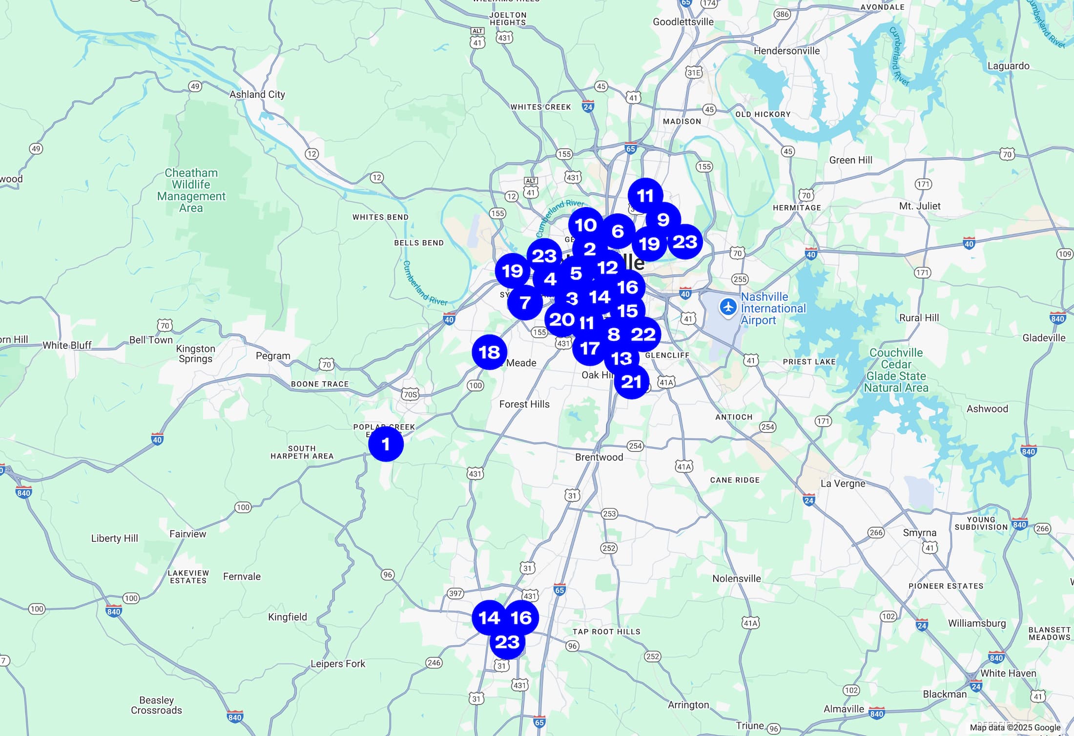 A numbered map of Nashville breakfast restaurants