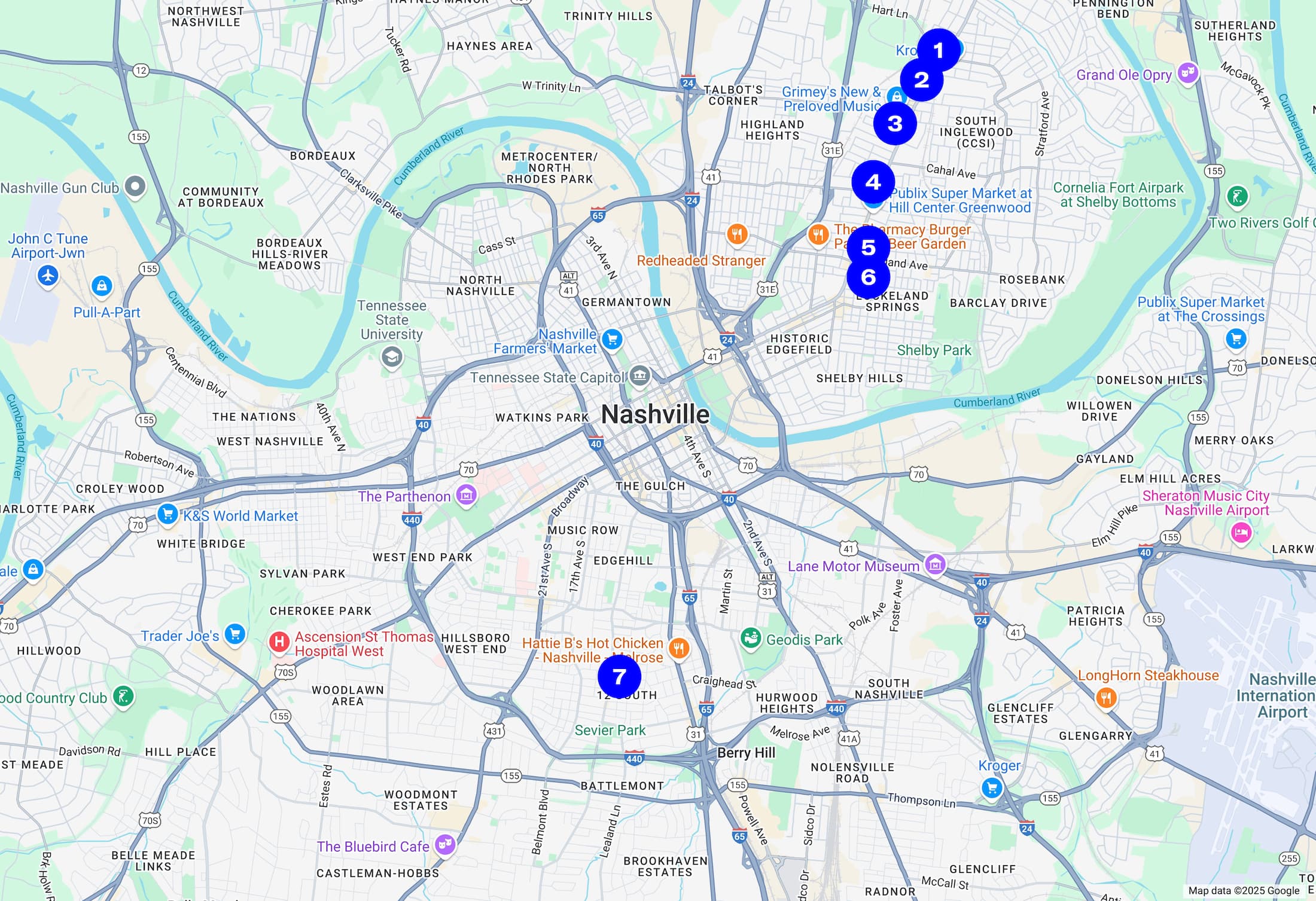 A numbered map of Nashville vintage clothing stores