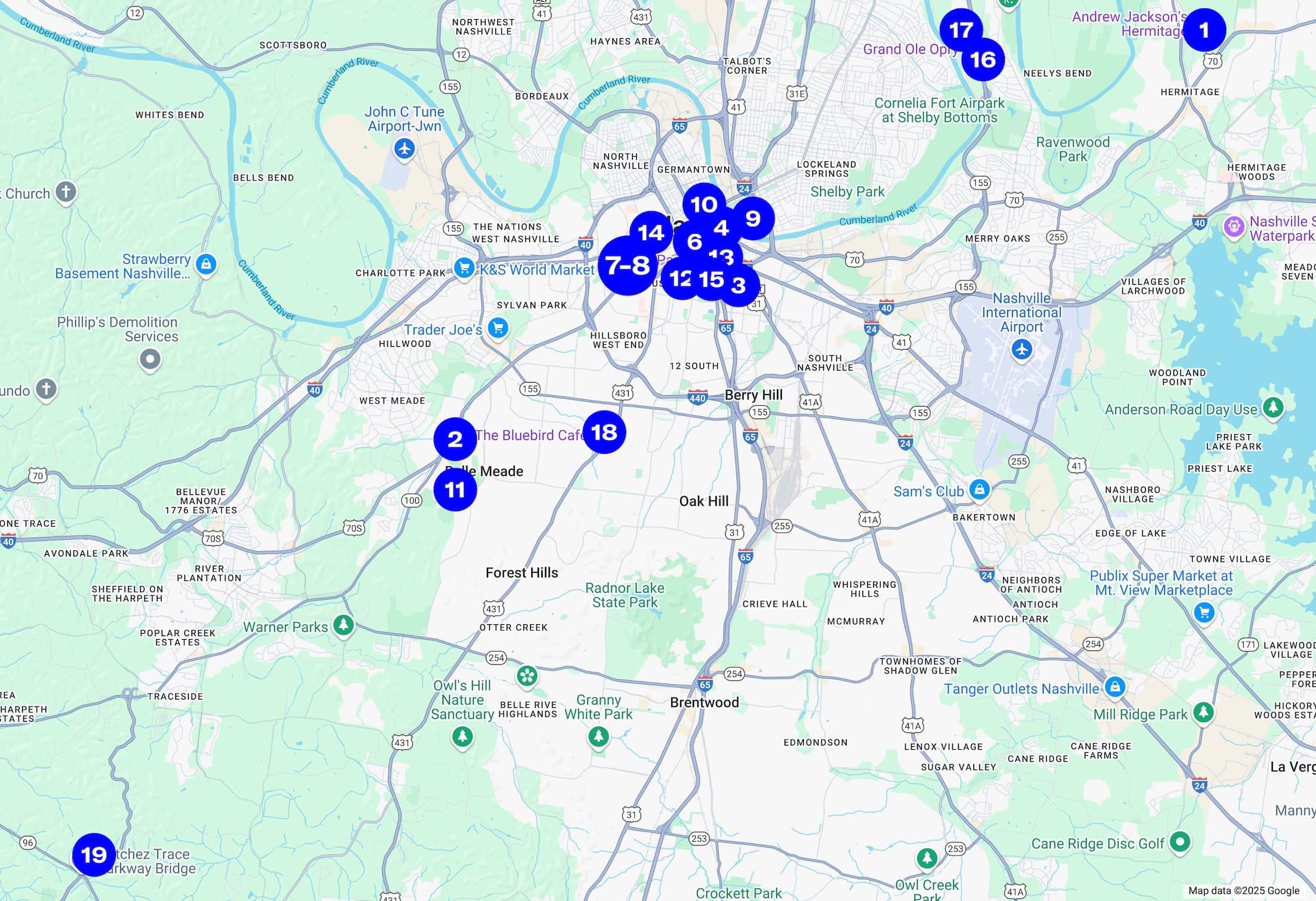 A numbered map of Nashville historical places