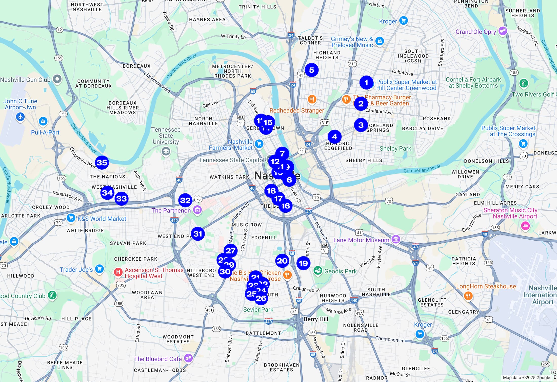 A numbered map of Nashville iconic murals