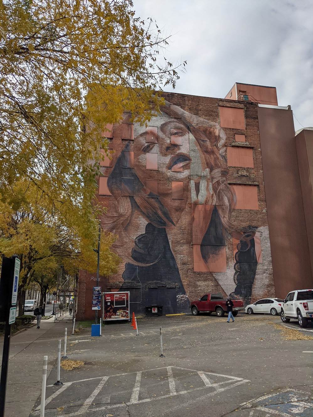 "Rone" mural and leaves from tree