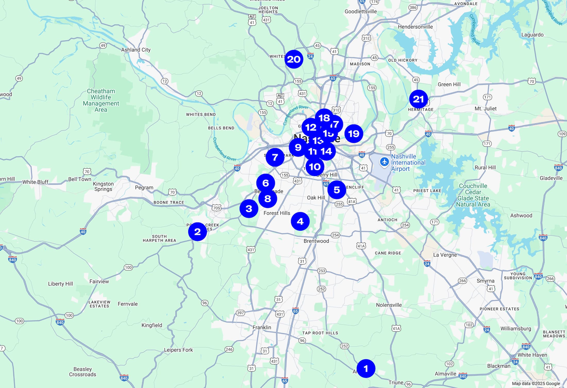 A numbered map of Nashville outdoor activities