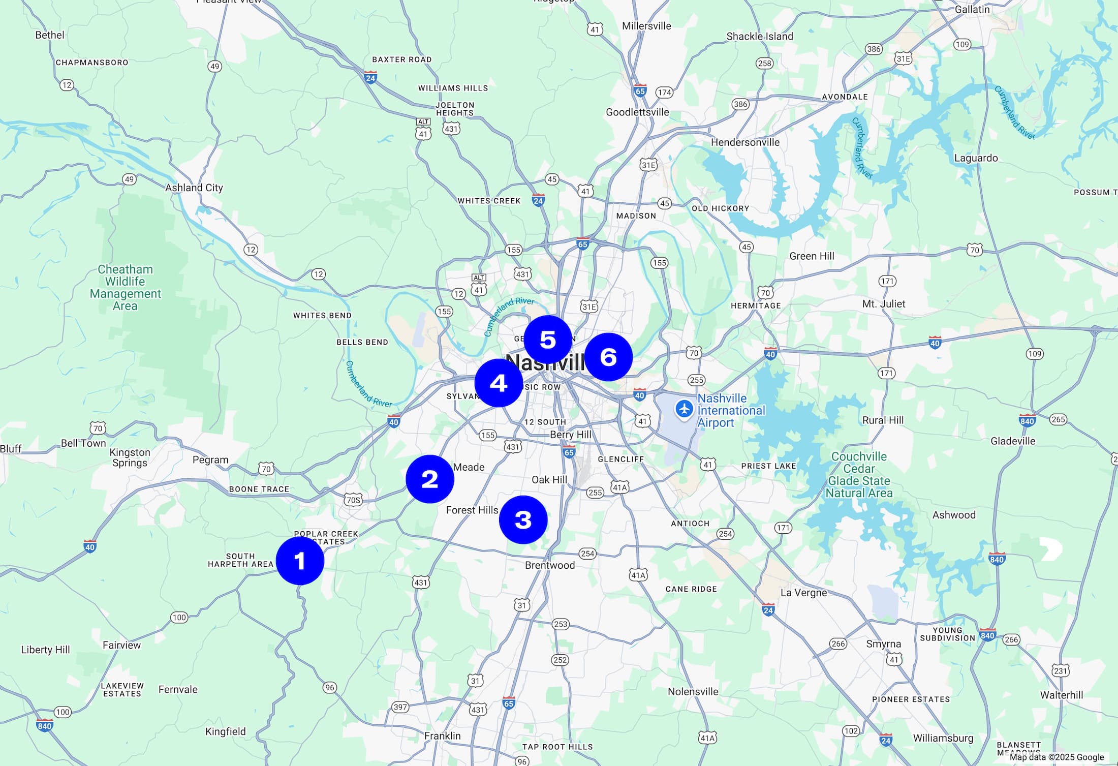A numbered map of Nashville parks