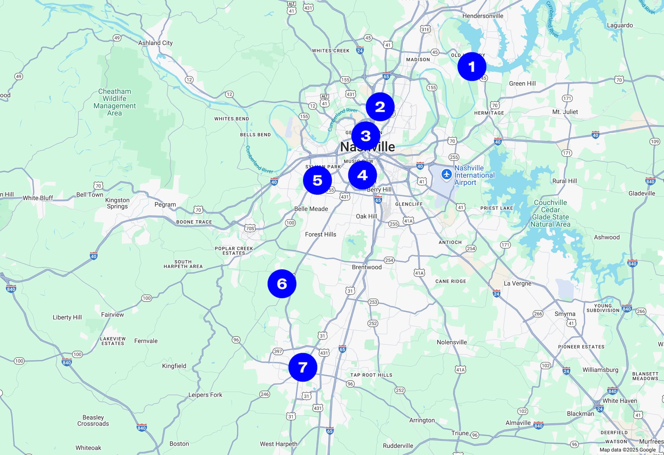 A numbered map of Nashville plant shops