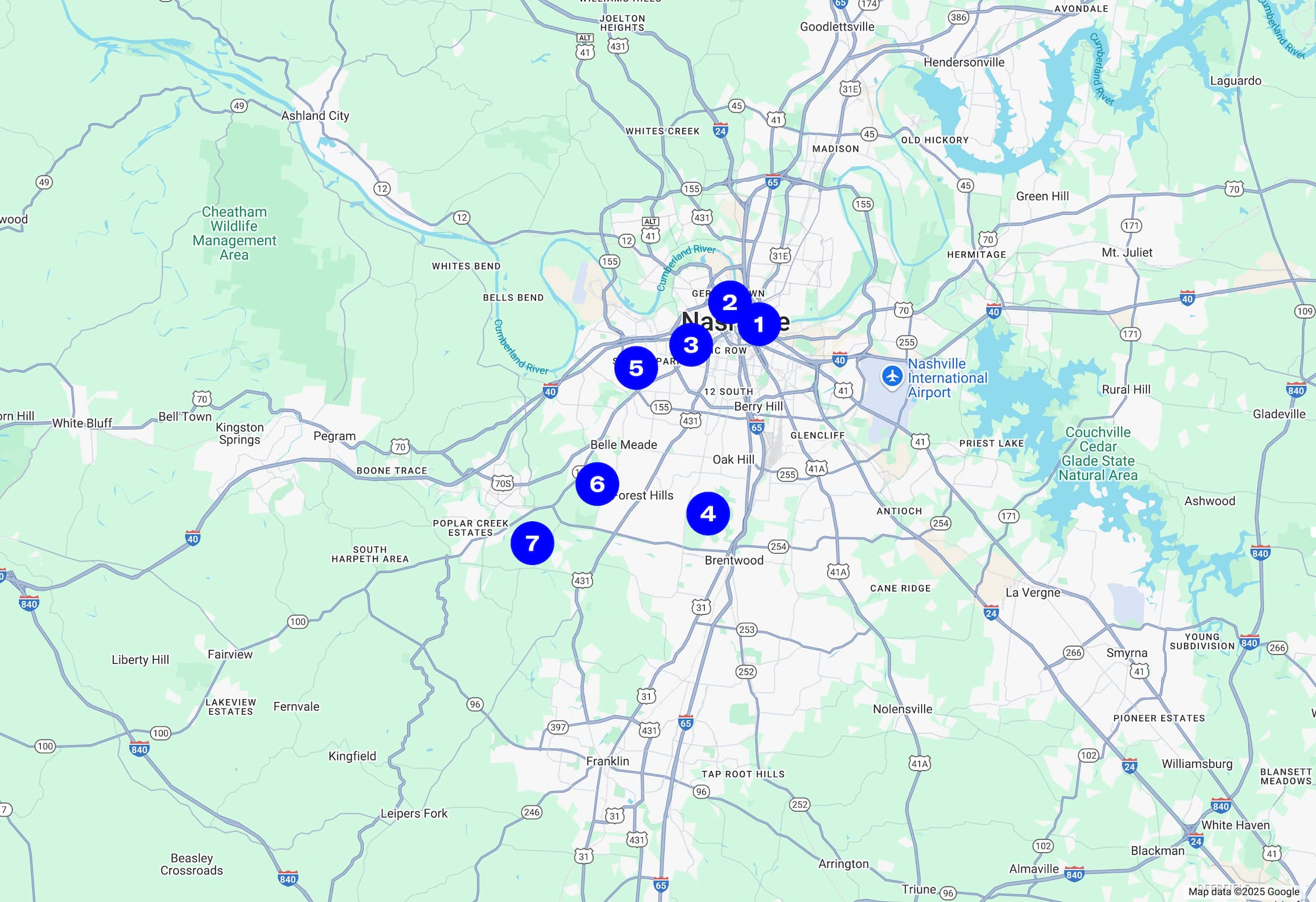 A numbered map of Nashville's best places to walk or hike