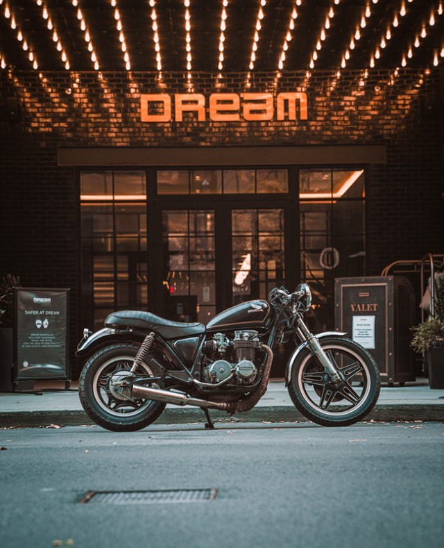 A motorcycle parked outside Dream