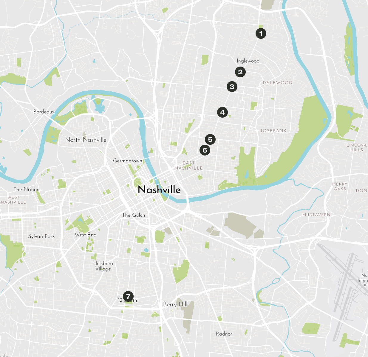 Map of vintage clothing stores in Nashville