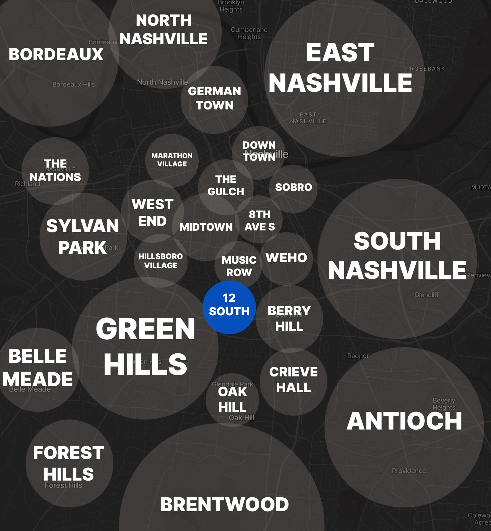 The 12 South neighborhood highlighted on a map of Nashville