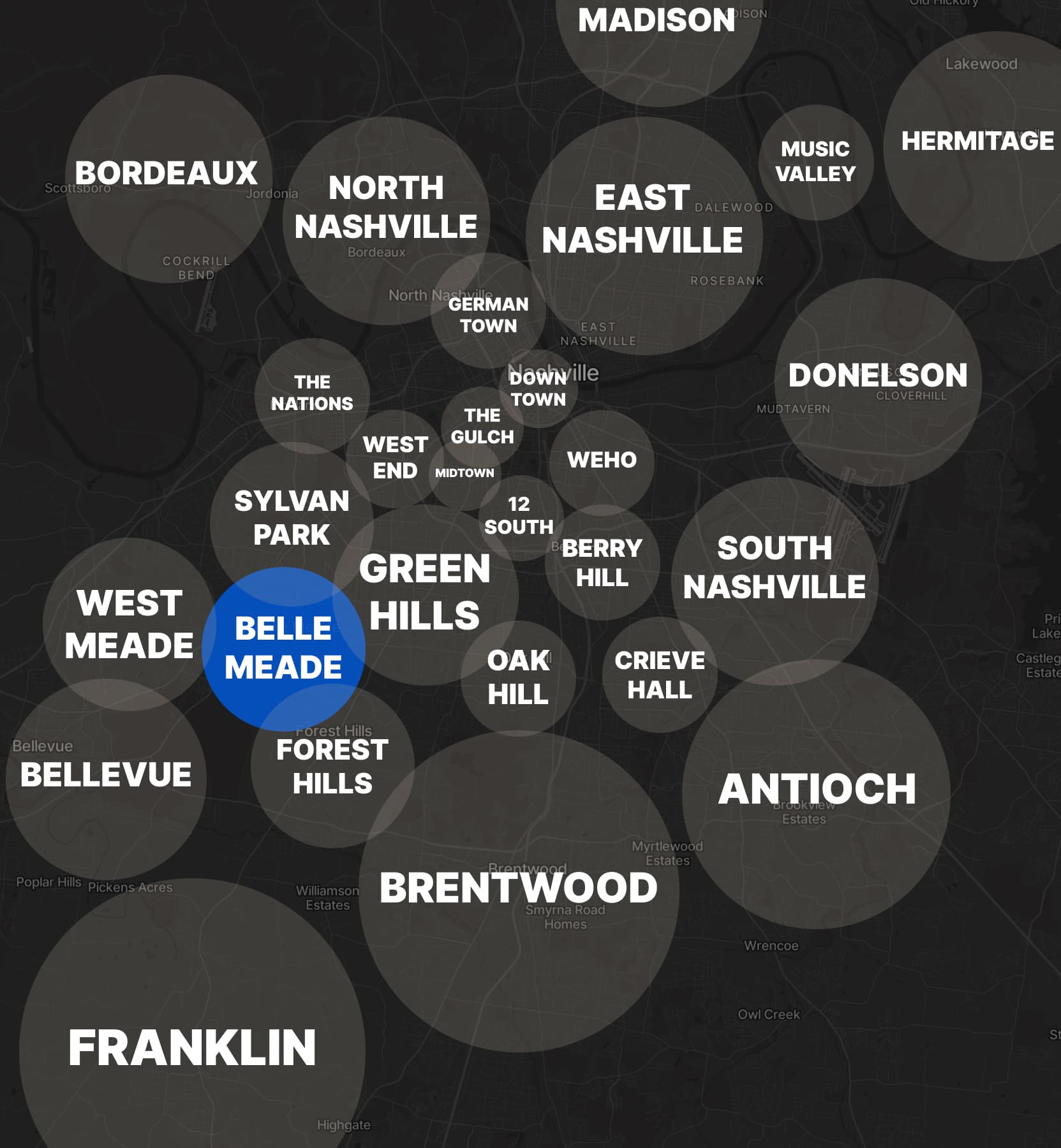 The Belle Meade neighborhood highlighted on a map of Nashville