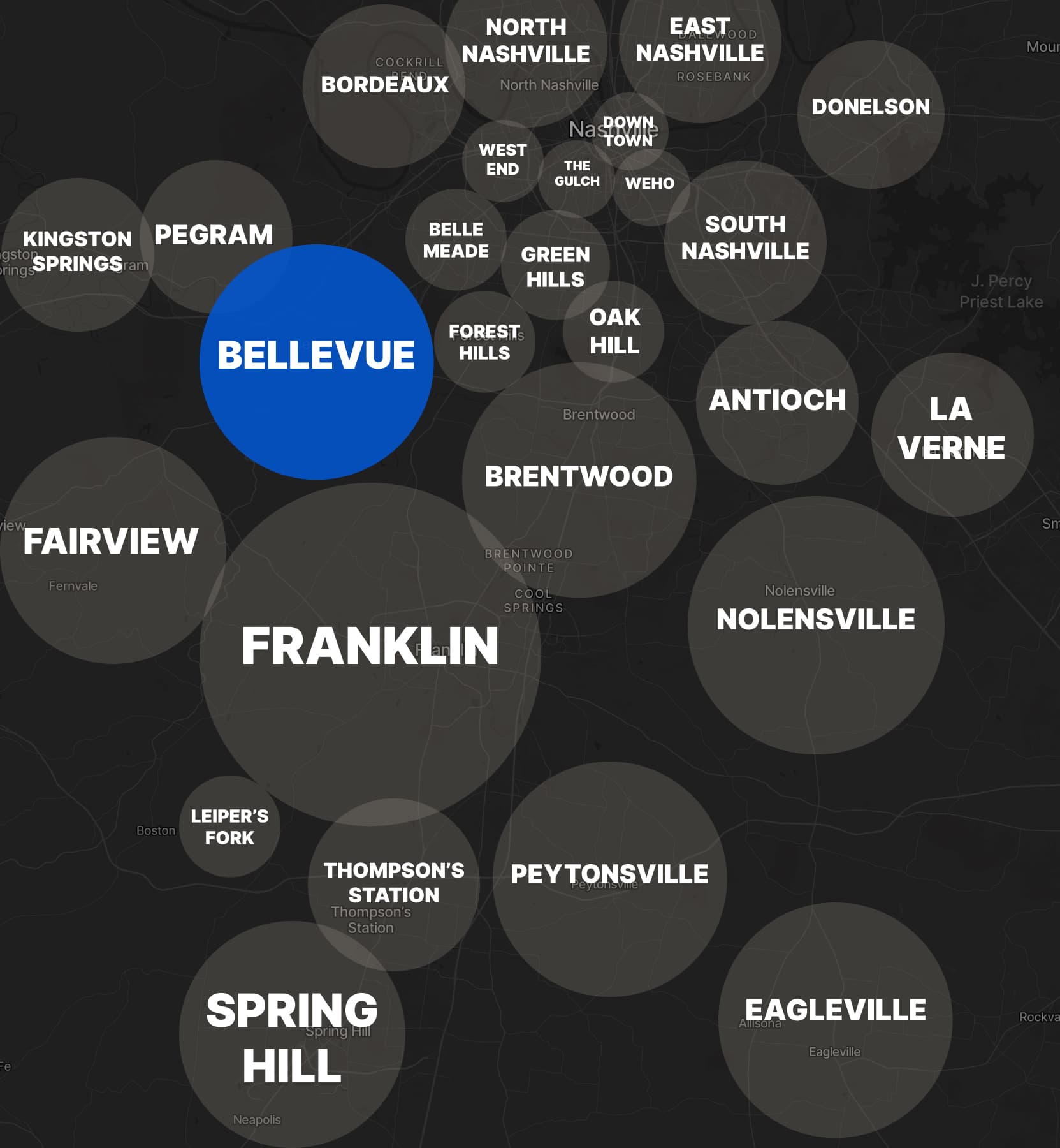 The Bellevue neighborhood highlighted on a map of Nashville