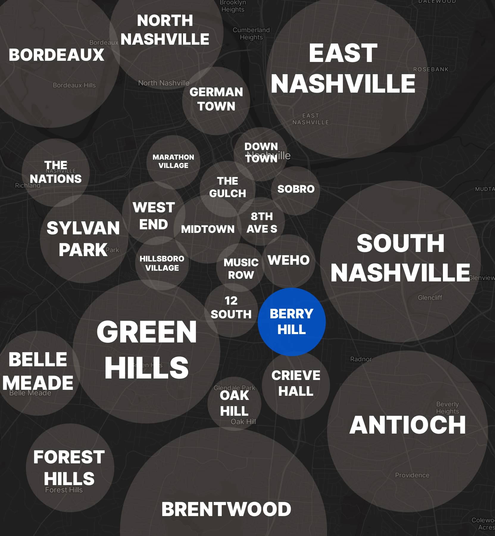 The Berry Hill neighborhood highlighted on a map of Nashville