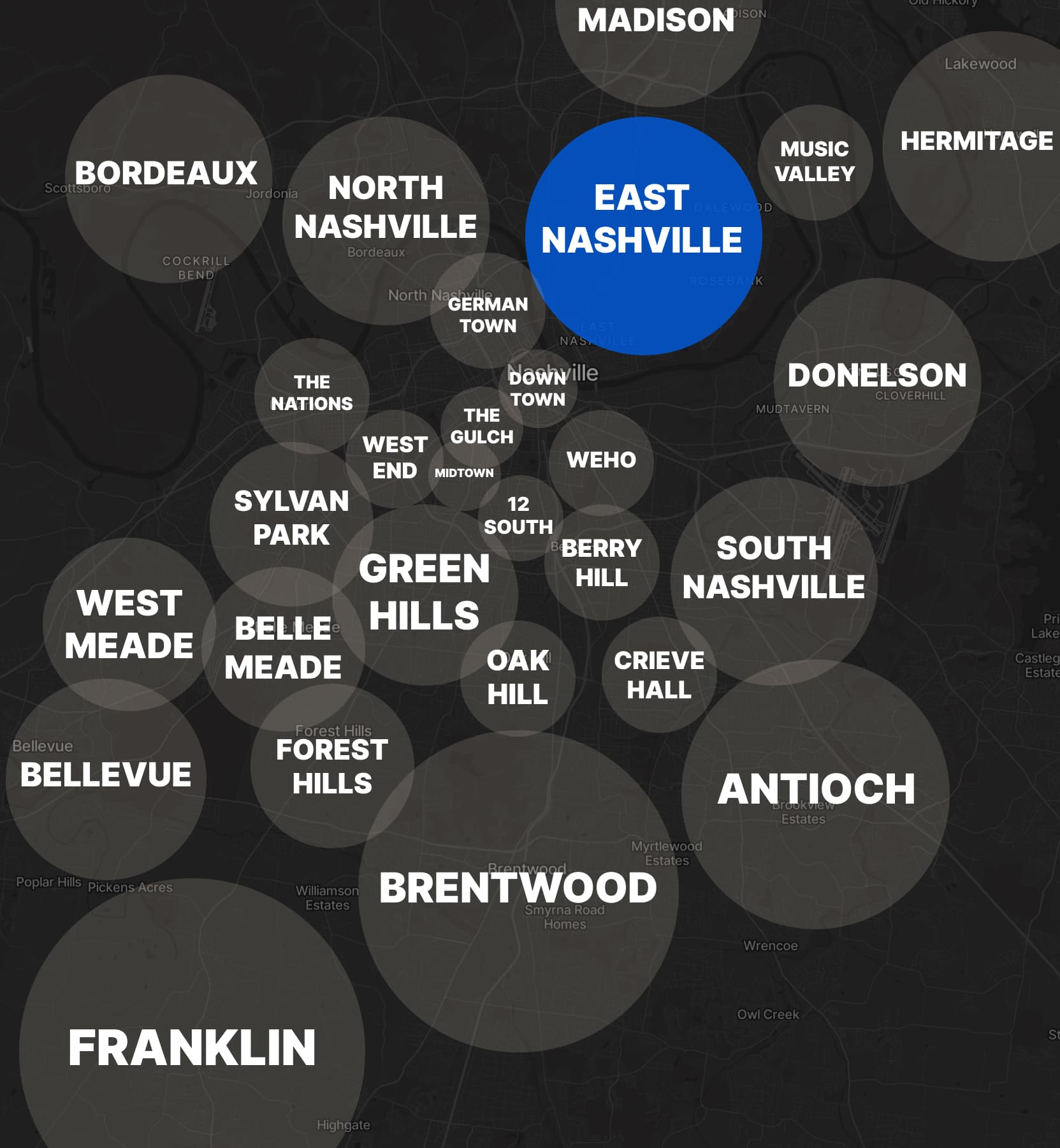 The East Nashville neighborhood highlighted on a map of Nashville