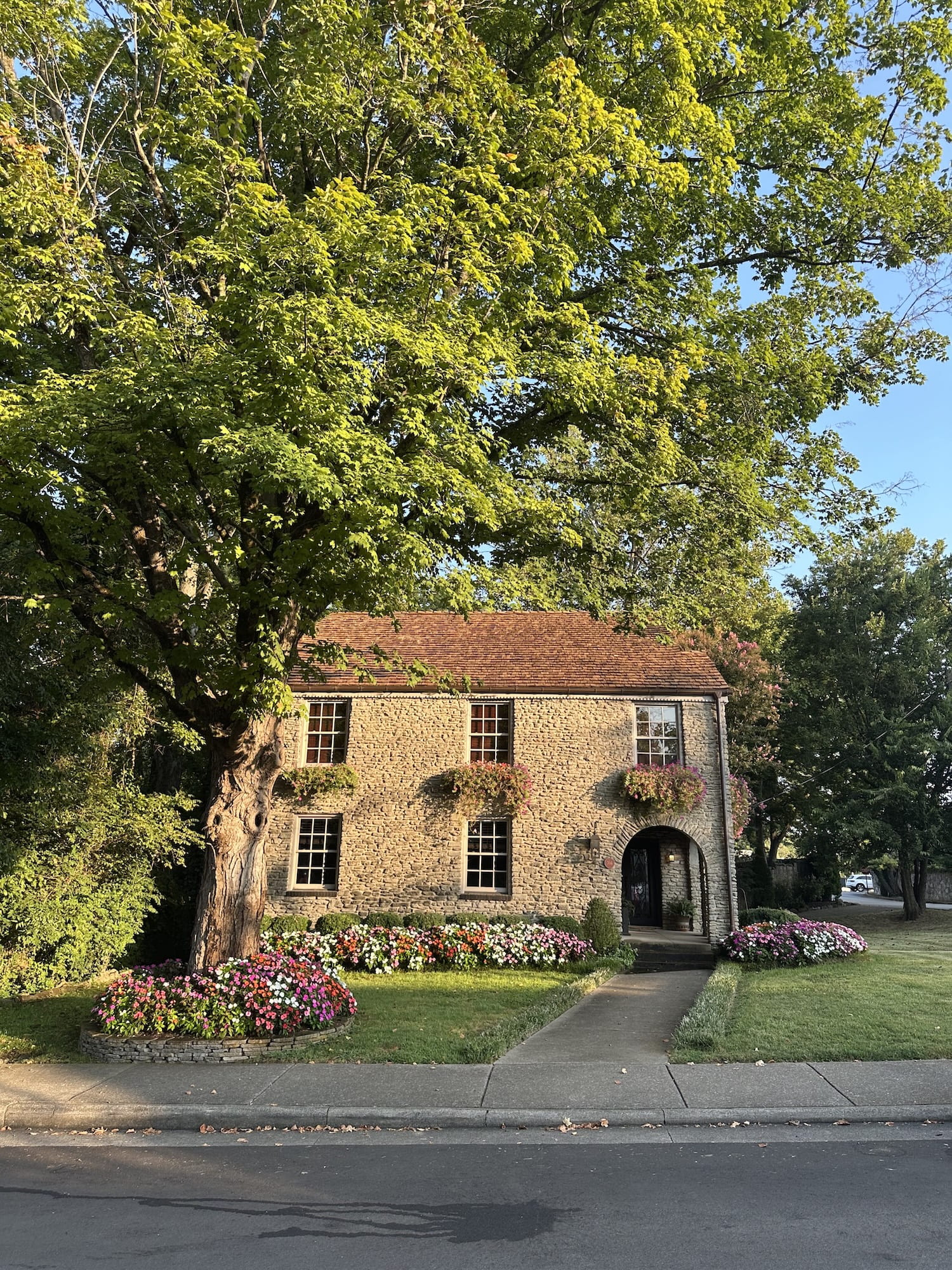 A beautiful stone house and a big tree