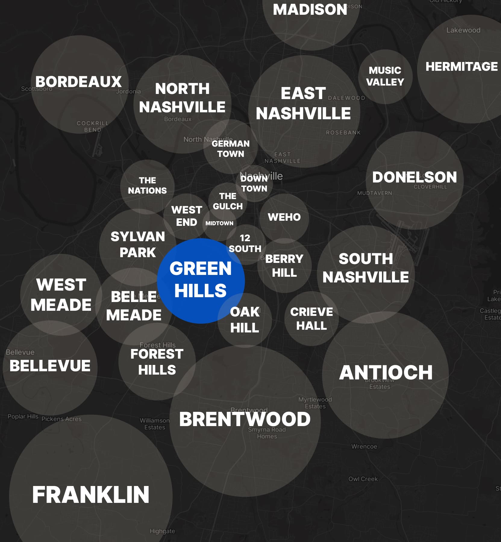 The Green Hills neighborhood highlighted on a map of Nashville