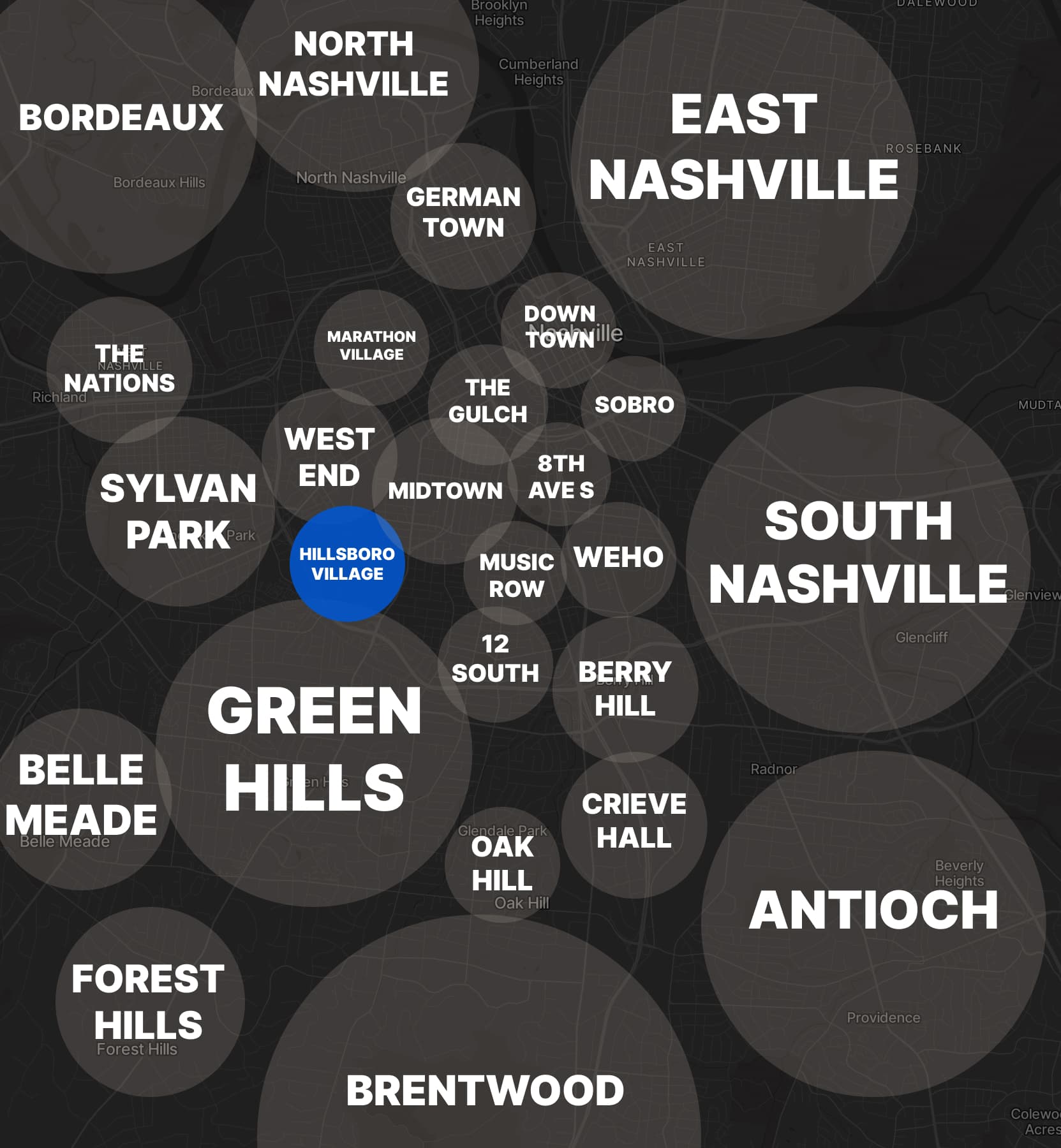 The Hillsboro Village neighborhood highlighted on a map of Nashville