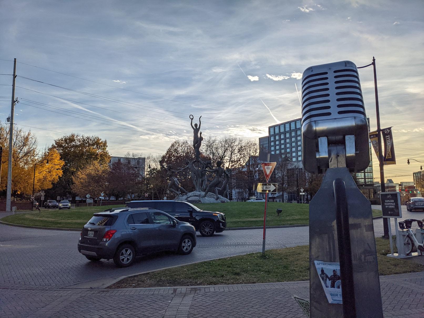Famous Midtown traffic circle with naked people sculpture