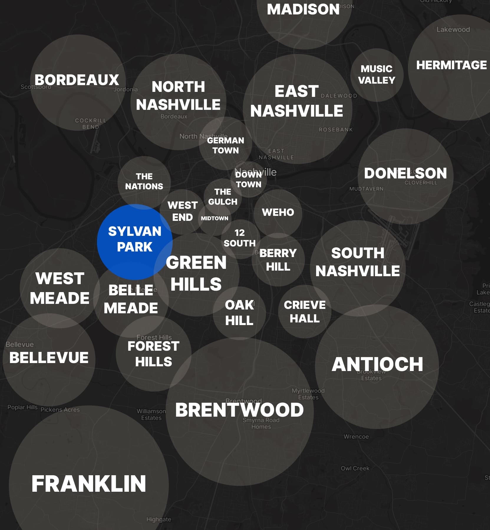 The Sylvan Park neighborhood highlighted on a map of Nashville