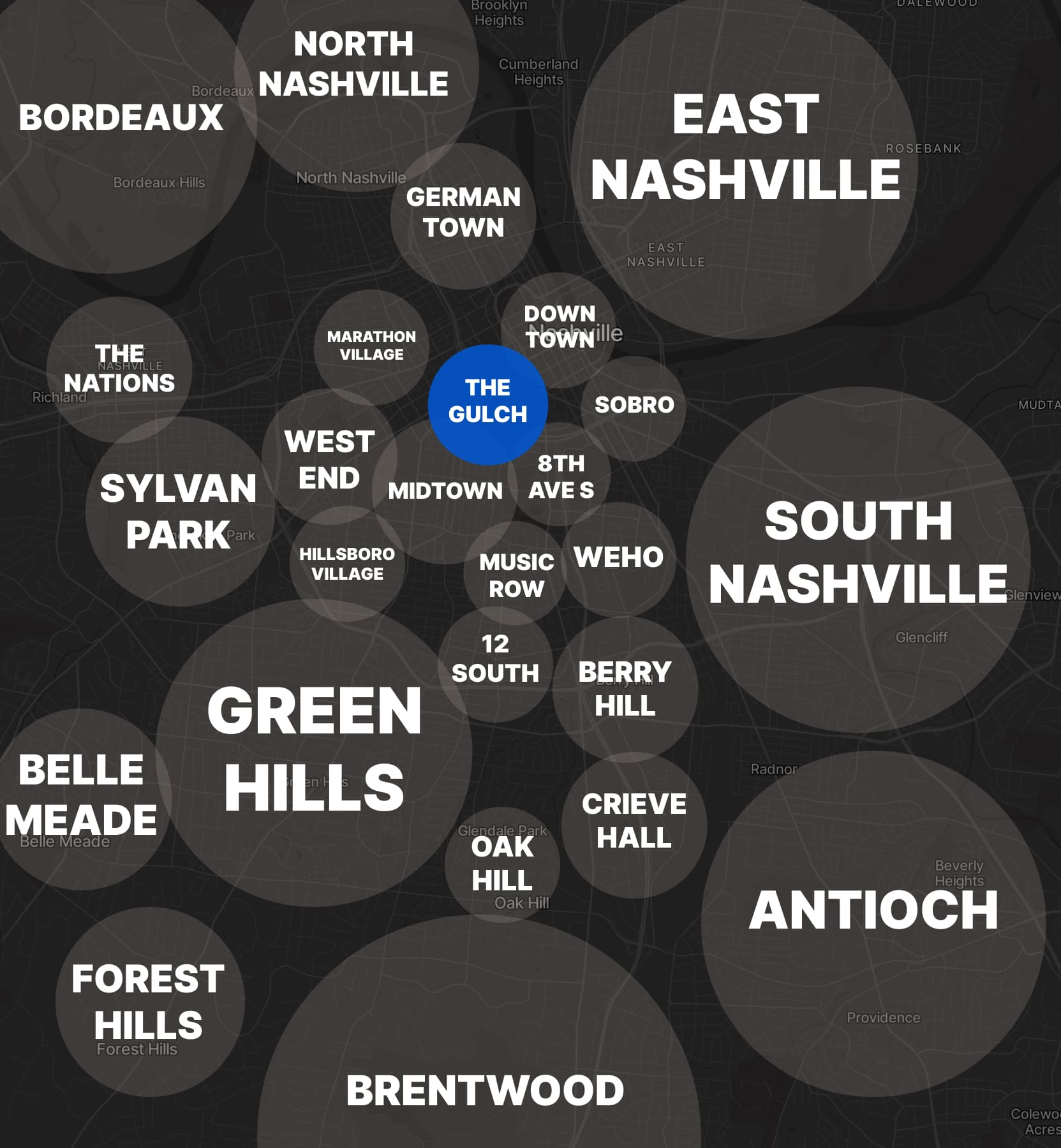 The Gulch neighborhood highlighted on a map of Nashville