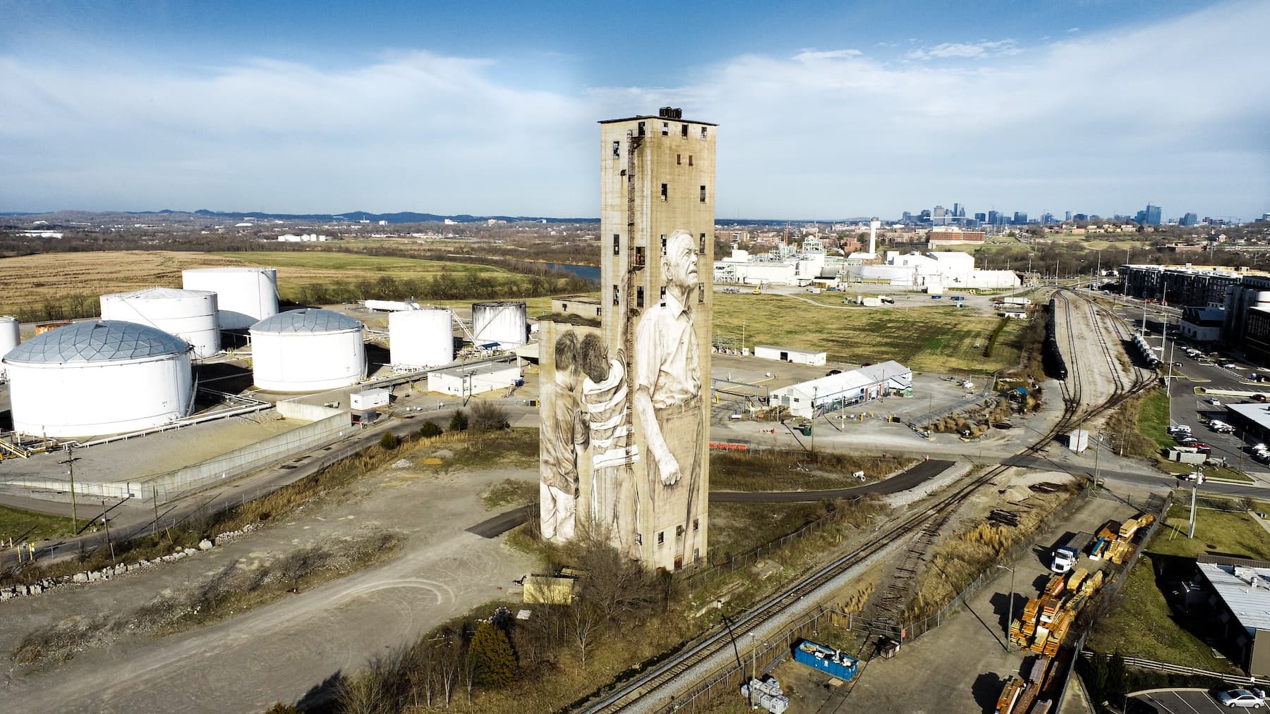 The Nations famous silo mural on a cloudy day
