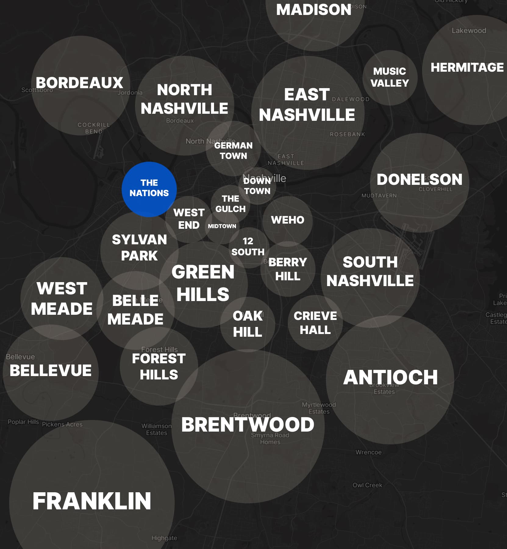 The Nations neighborhood highlighted on a map of Nashville