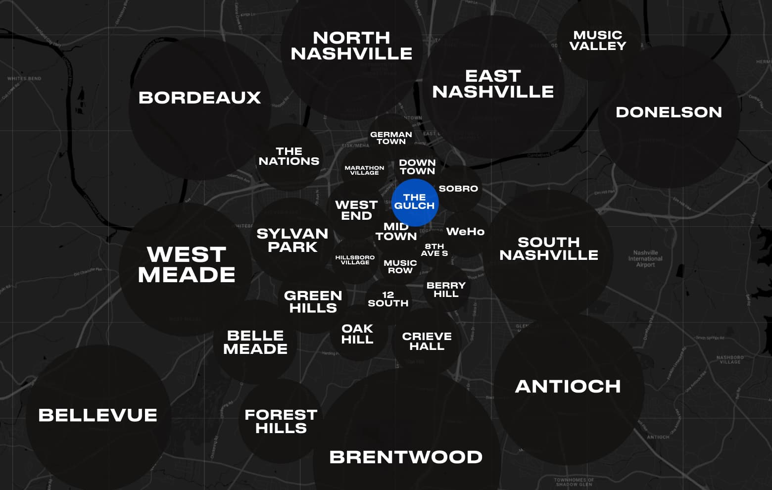 The Gulch neighborhood highlighted on a map of Nashville