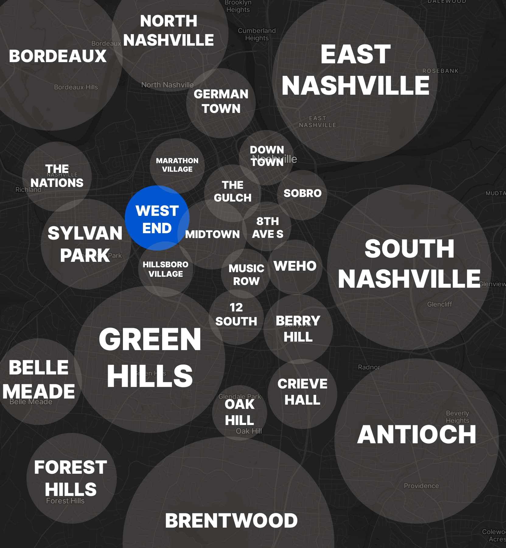 The West End neighborhood highlighted on a map of Nashville