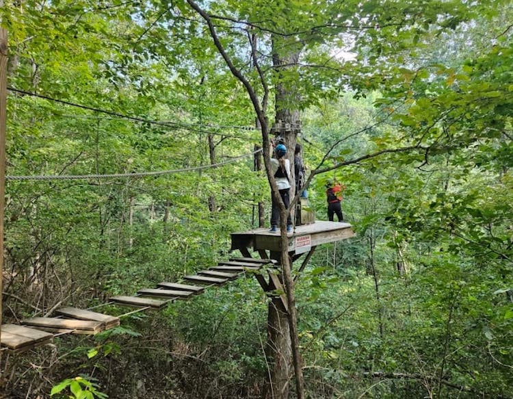Person walks across elevated rope course