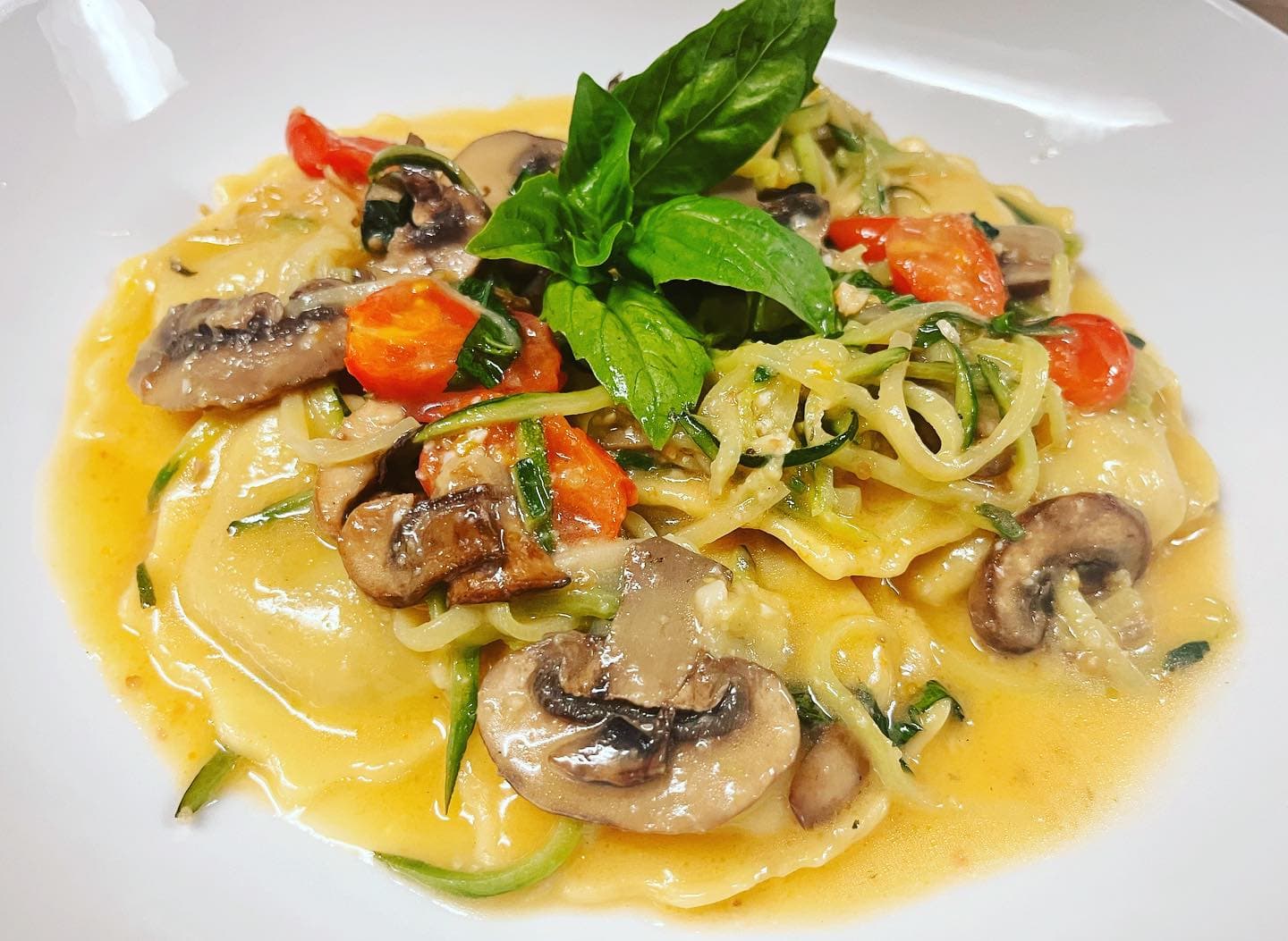 A bowl of mushroom pasta