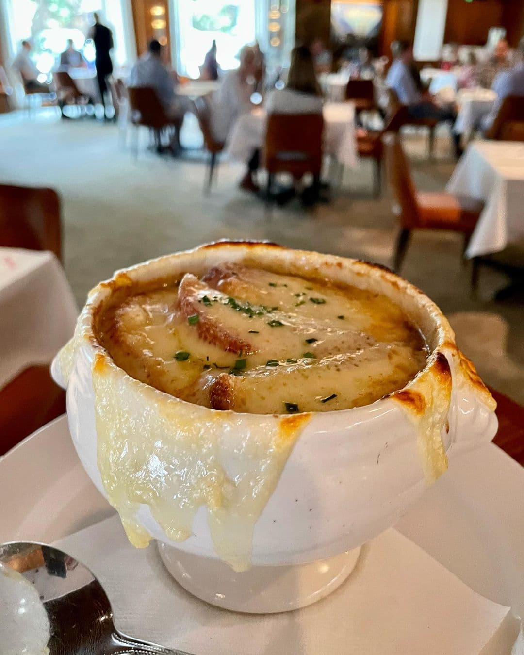 French onion soup inside a restaurant