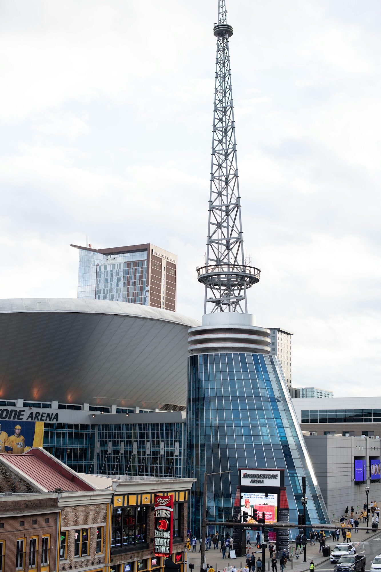Bridgestone Arena entrance from a rooftop on Broadway