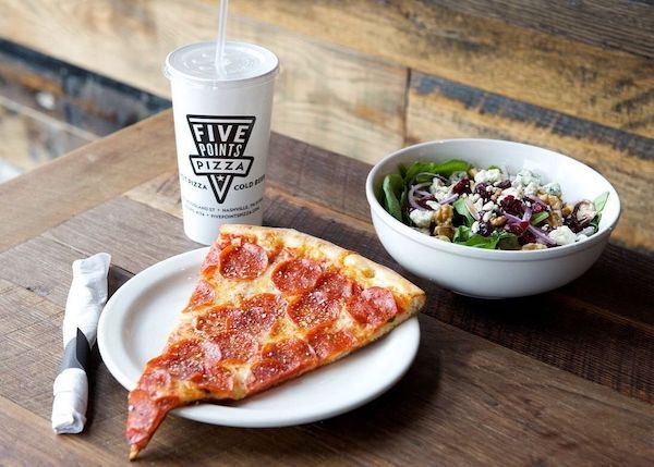 Five Points Pizza slice and salad