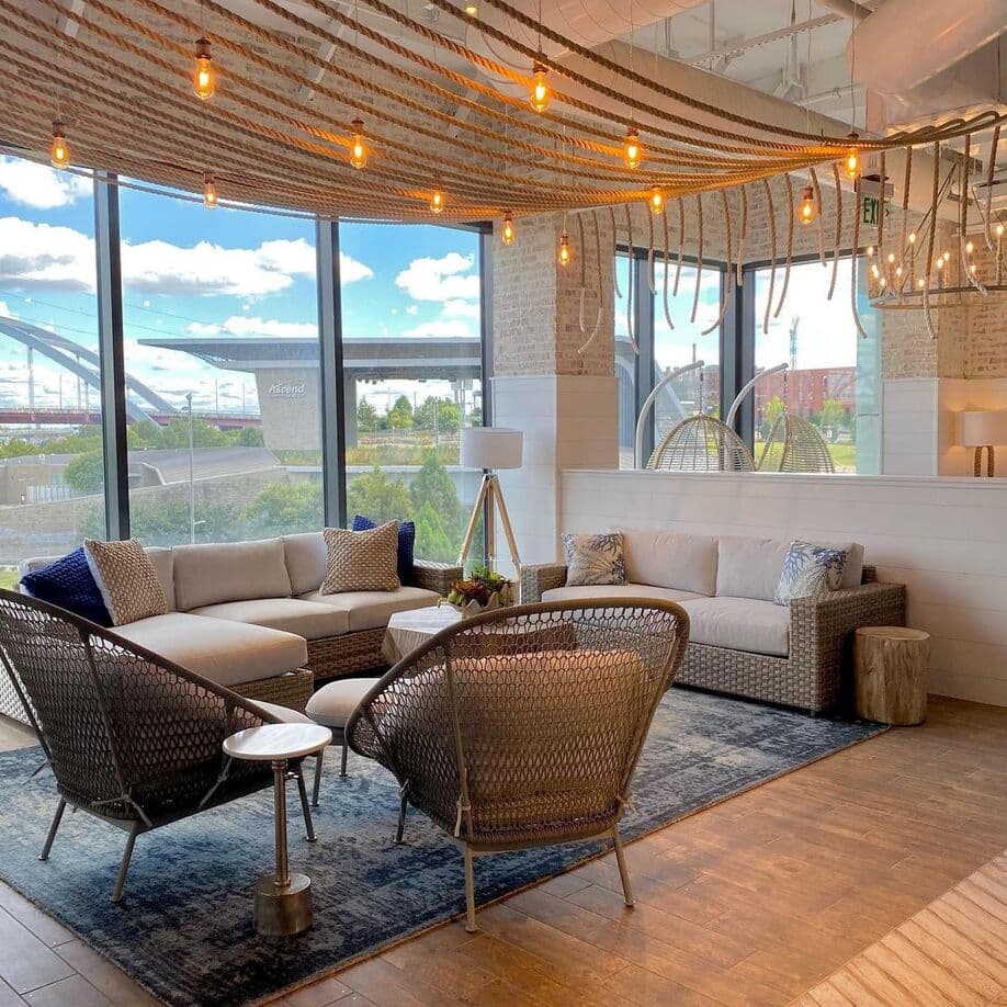 A couch inside a coastal restaurant