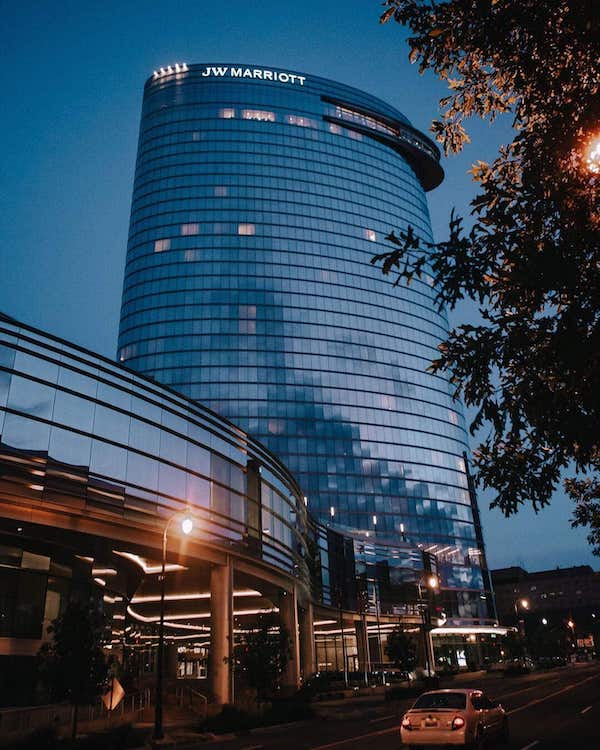 JW Marriott exterior at dusk