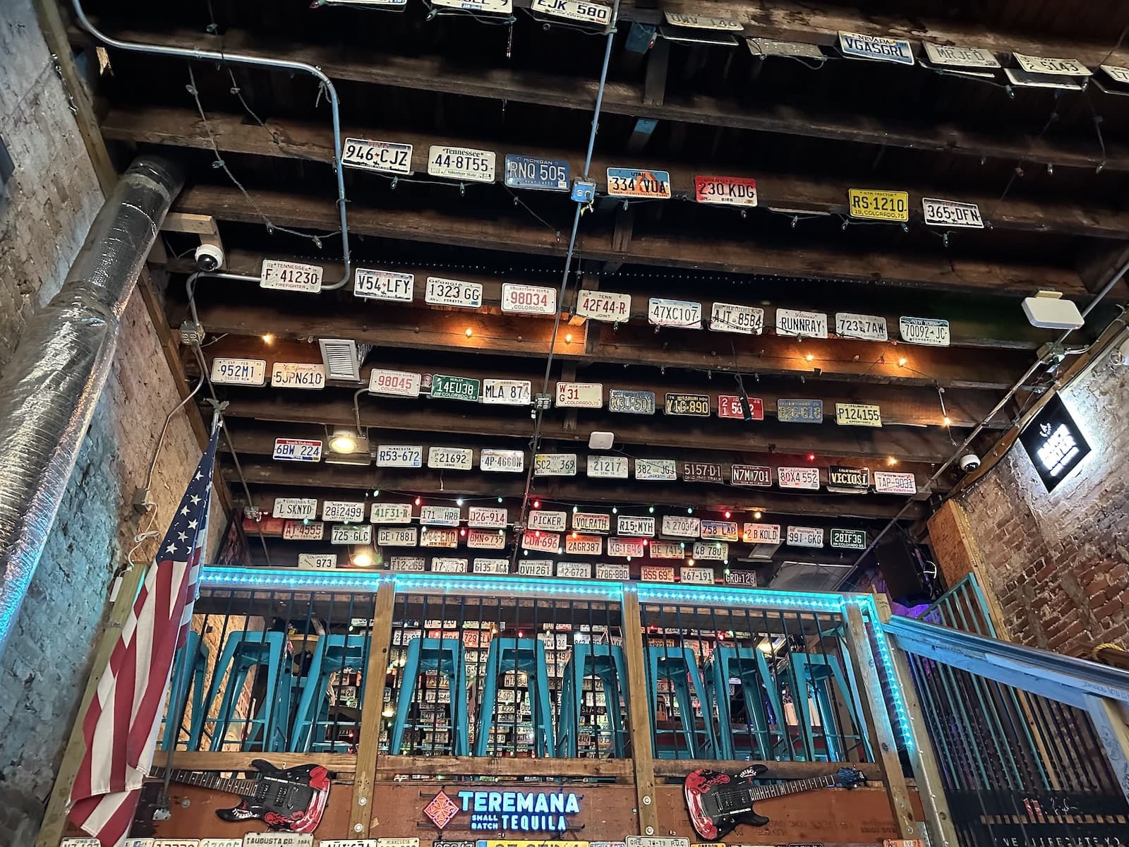 License plates on the ceiling of Laylas Bar