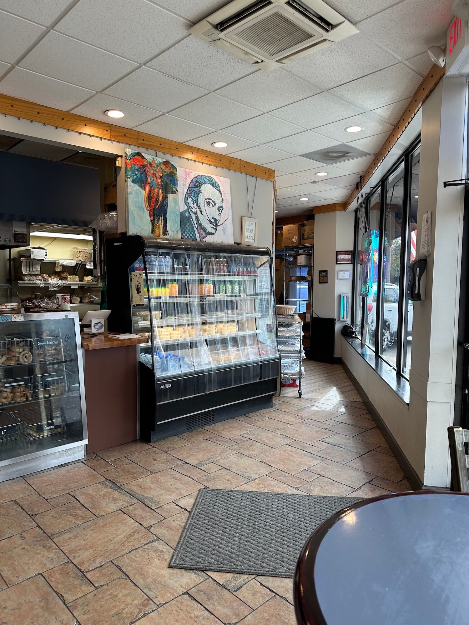 A Dali painting inside a bagel shop