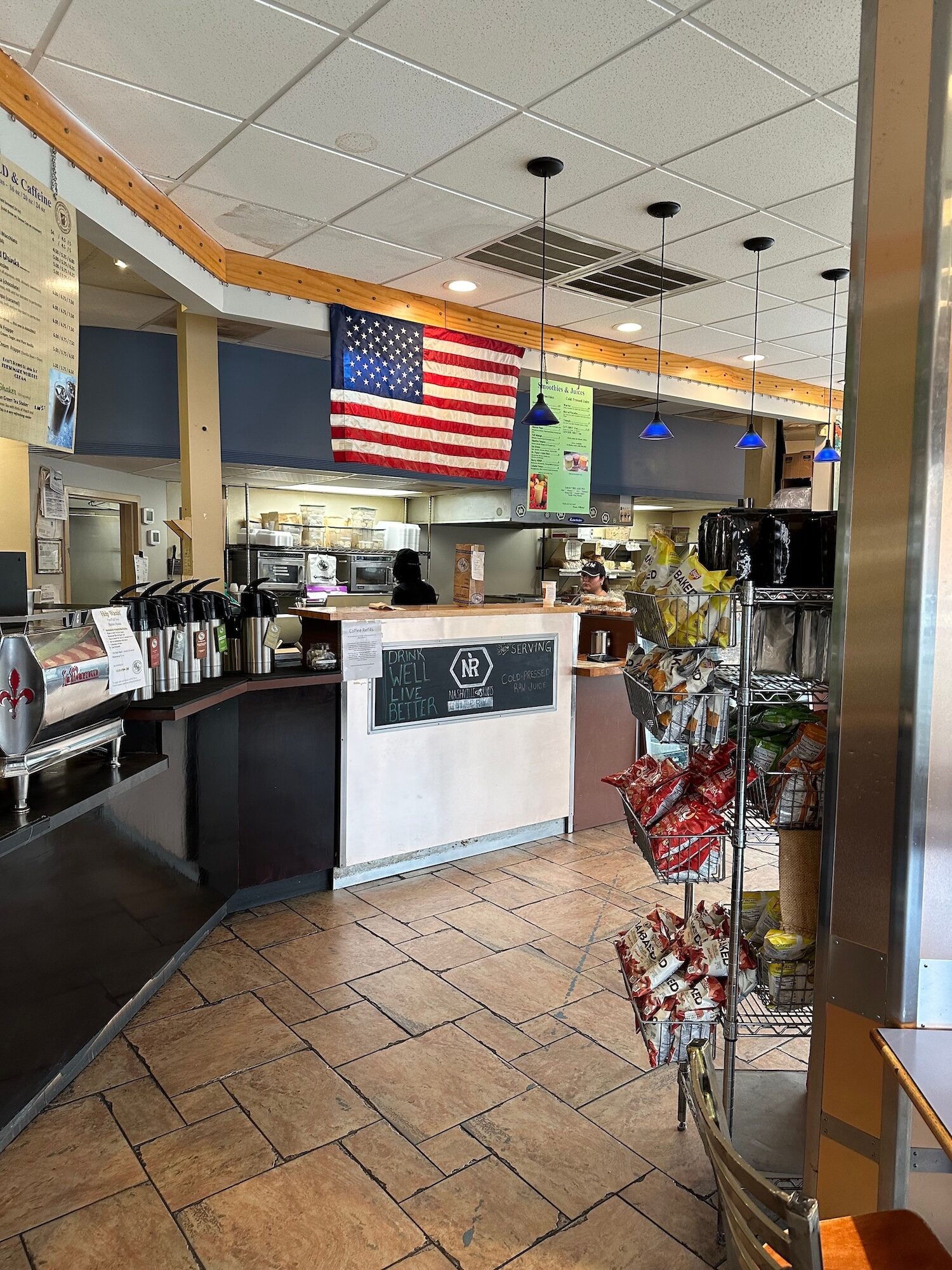 American flag inside a bagel shop