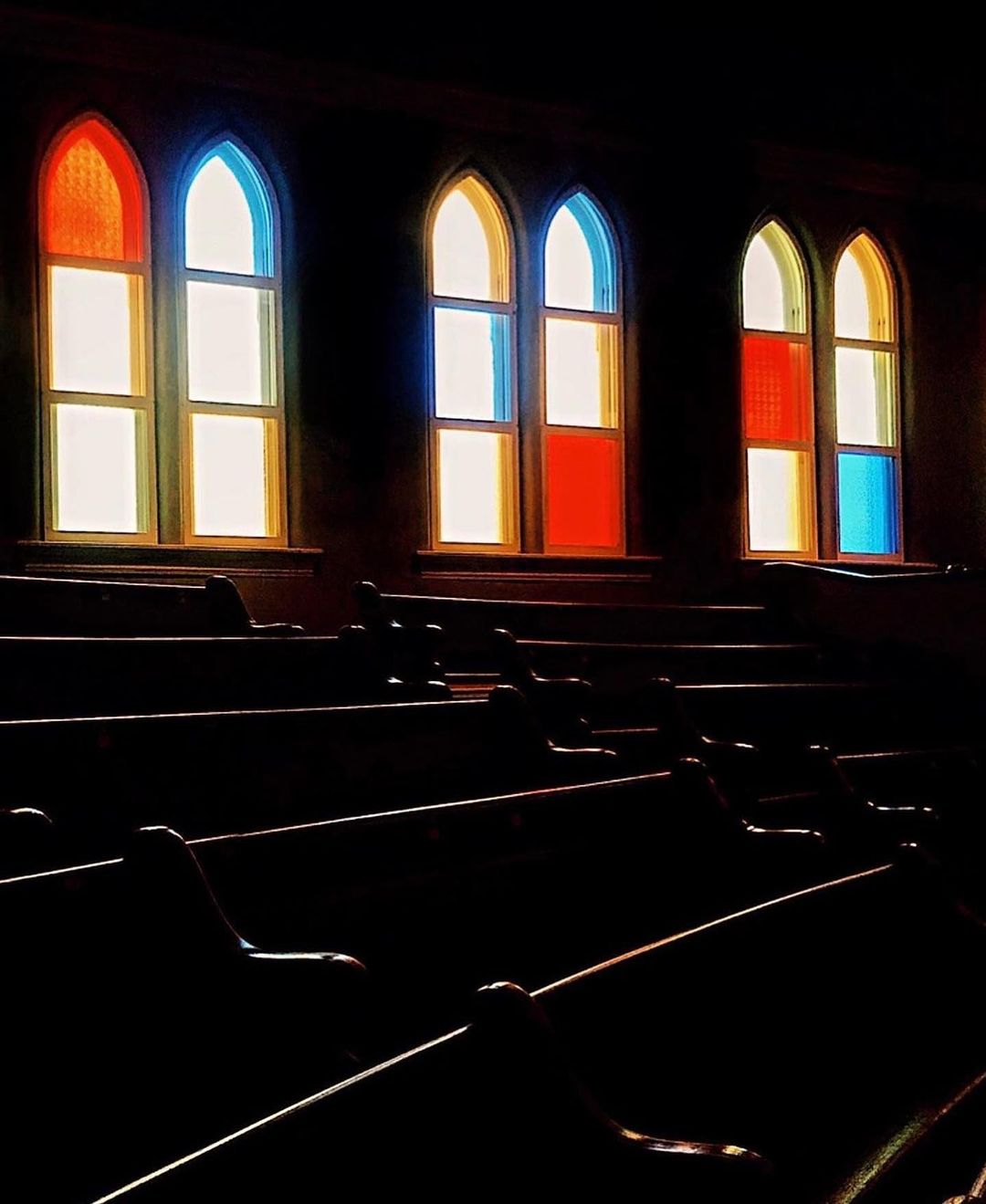 Colorful stained glass windows at the Ryman