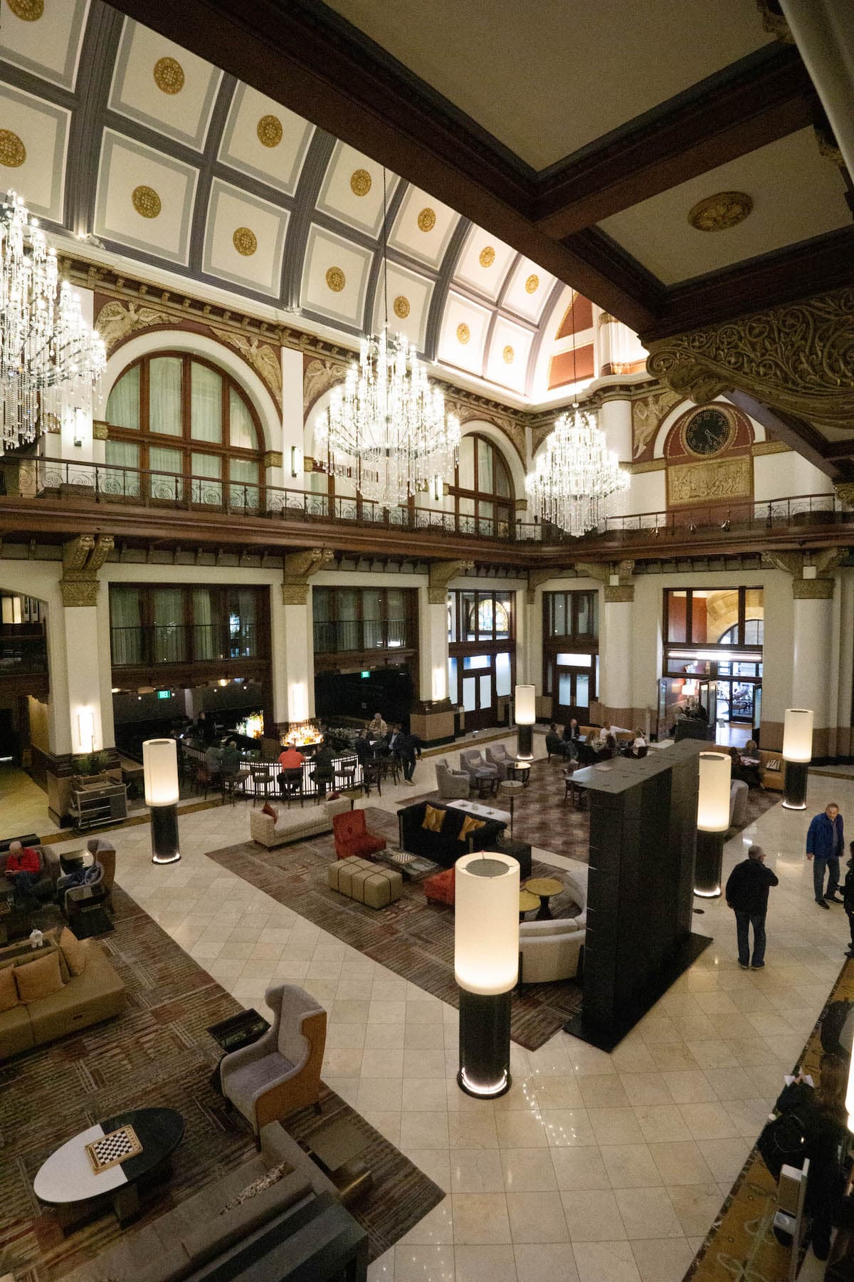 The lobby at an old train station converted to a luxury hotel