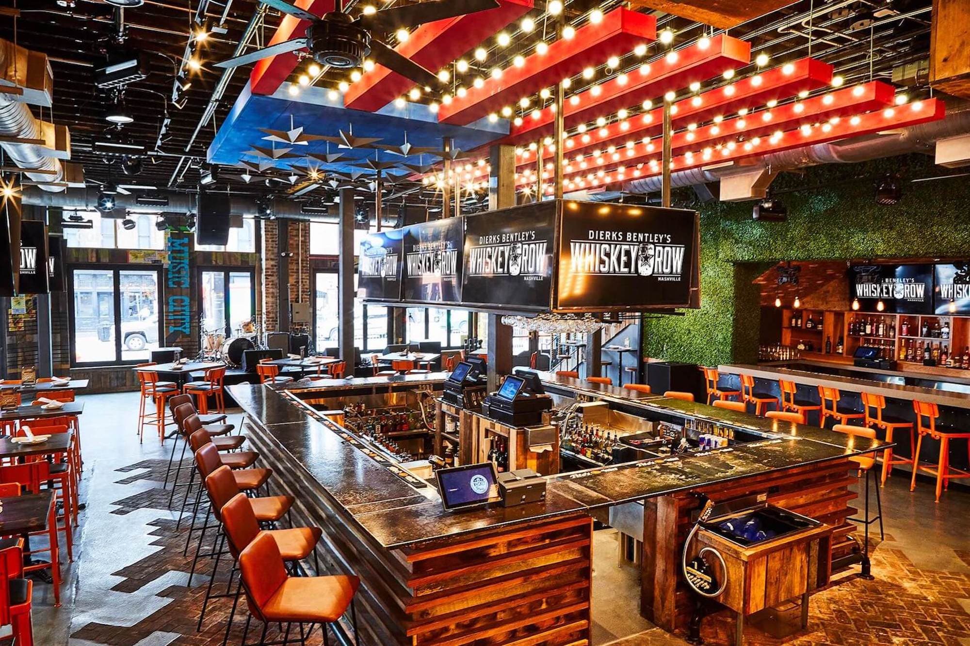 Whiskey Row bar and American flag